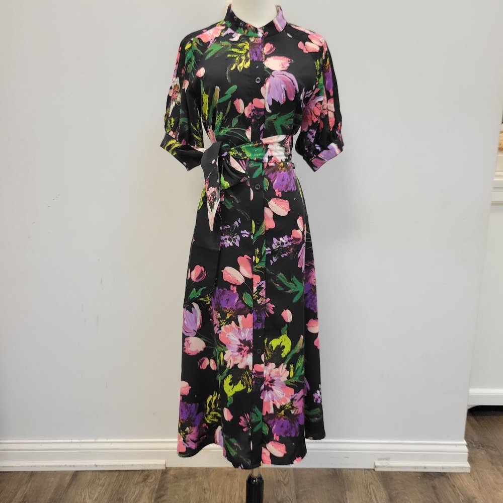 Black and multicolor flowers midi shirt dress with belt